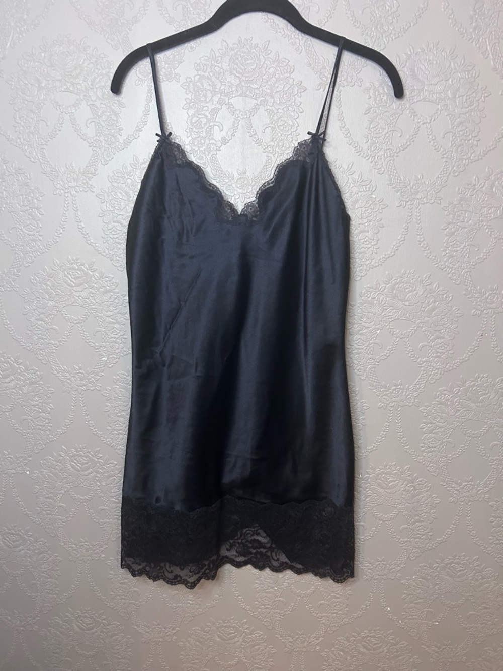 Victoria's Secret Black Satin Lace-Trim Slip chemise